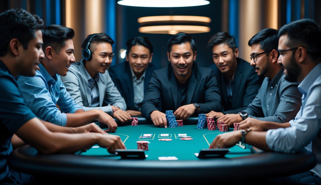 Beberapa orang serius bermain poker di meja dengan chip dan kartu di depan mereka dalam suasana kompetisi yang menegangkan.