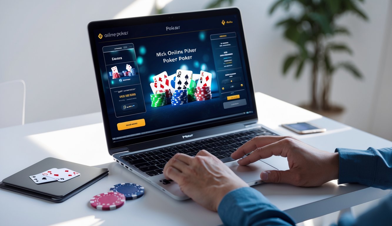 Seseorang menggunakan laptop dengan tampilan permainan poker online di meja kerja yang rapi dan terang.