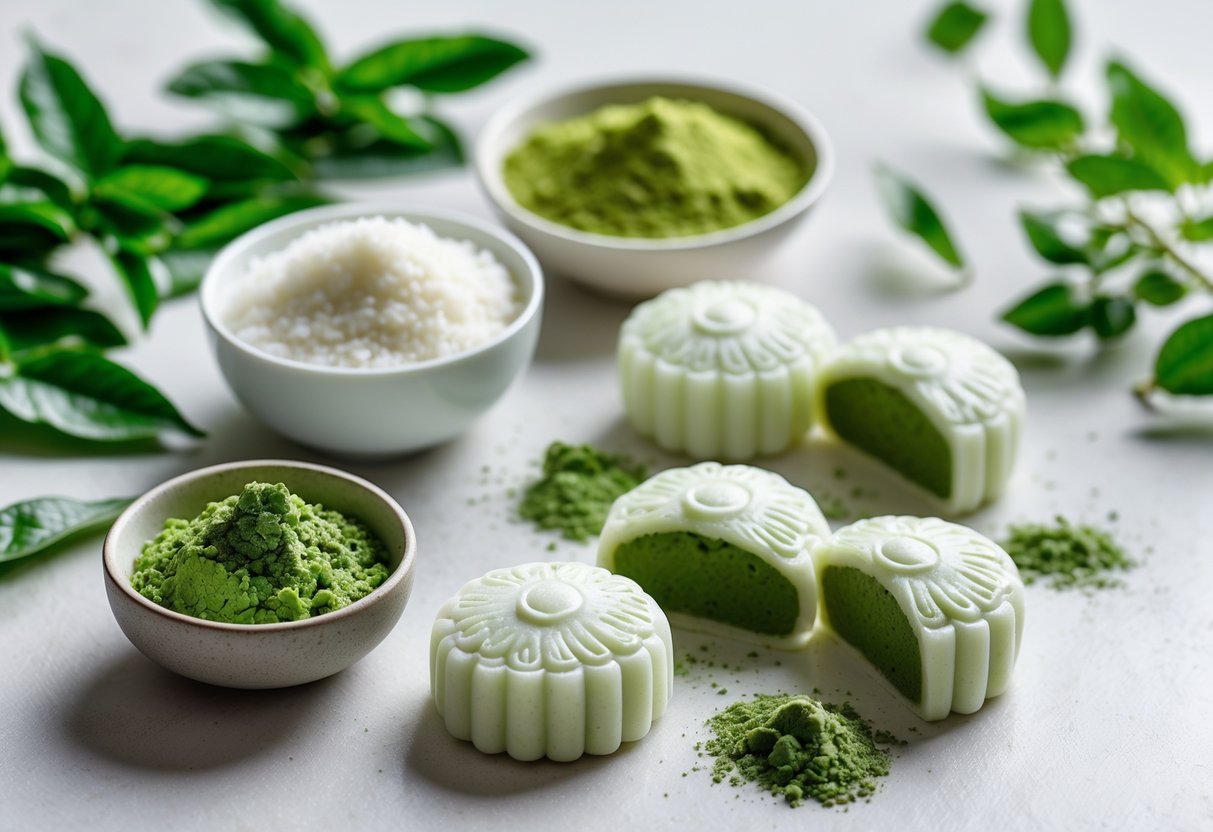 An arrangement of ingredients for snow skin mooncakes with matcha filling, including green tea leaves, matcha powder, glutinous rice flour, matcha filling, and sliced mooncakes on a light surface.