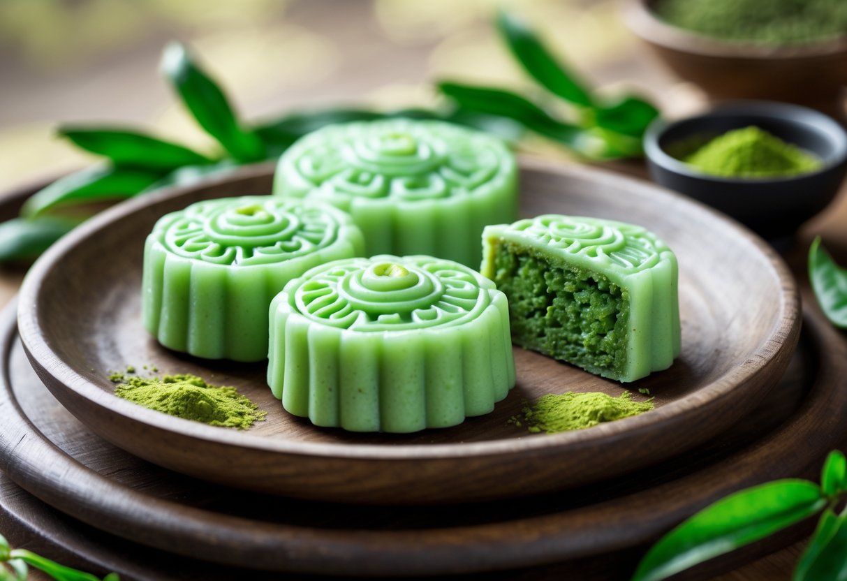Close-up of green tea snow skin mooncakes with matcha filling on a wooden plate, accompanied by green tea leaves and matcha powder.