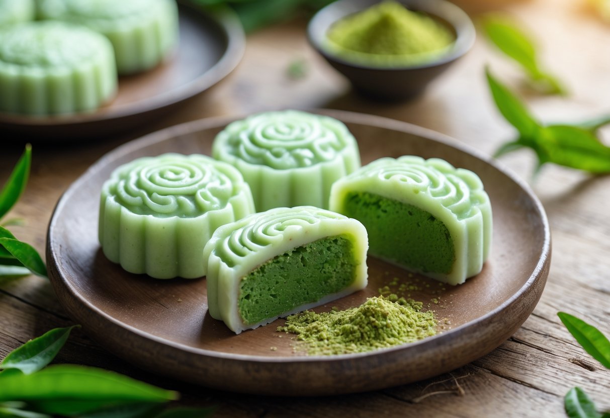 Close-up of green tea snow skin mooncakes with one cut open to show the green matcha filling, placed on a wooden plate with green tea leaves and matcha powder nearby.