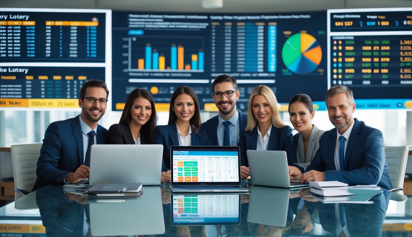 Sekelompok profesional bekerja bersama di kantor modern dengan perangkat digital menampilkan data lotere dan grafik.
