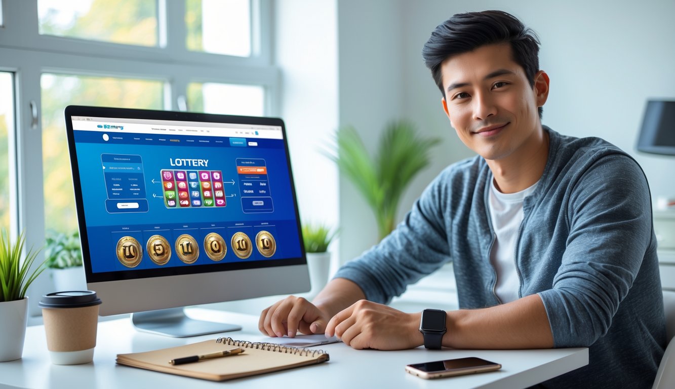 Seorang dewasa muda duduk di meja kerja dengan laptop dan ponsel, tampak fokus dan santai di ruang kantor rumah yang terang.