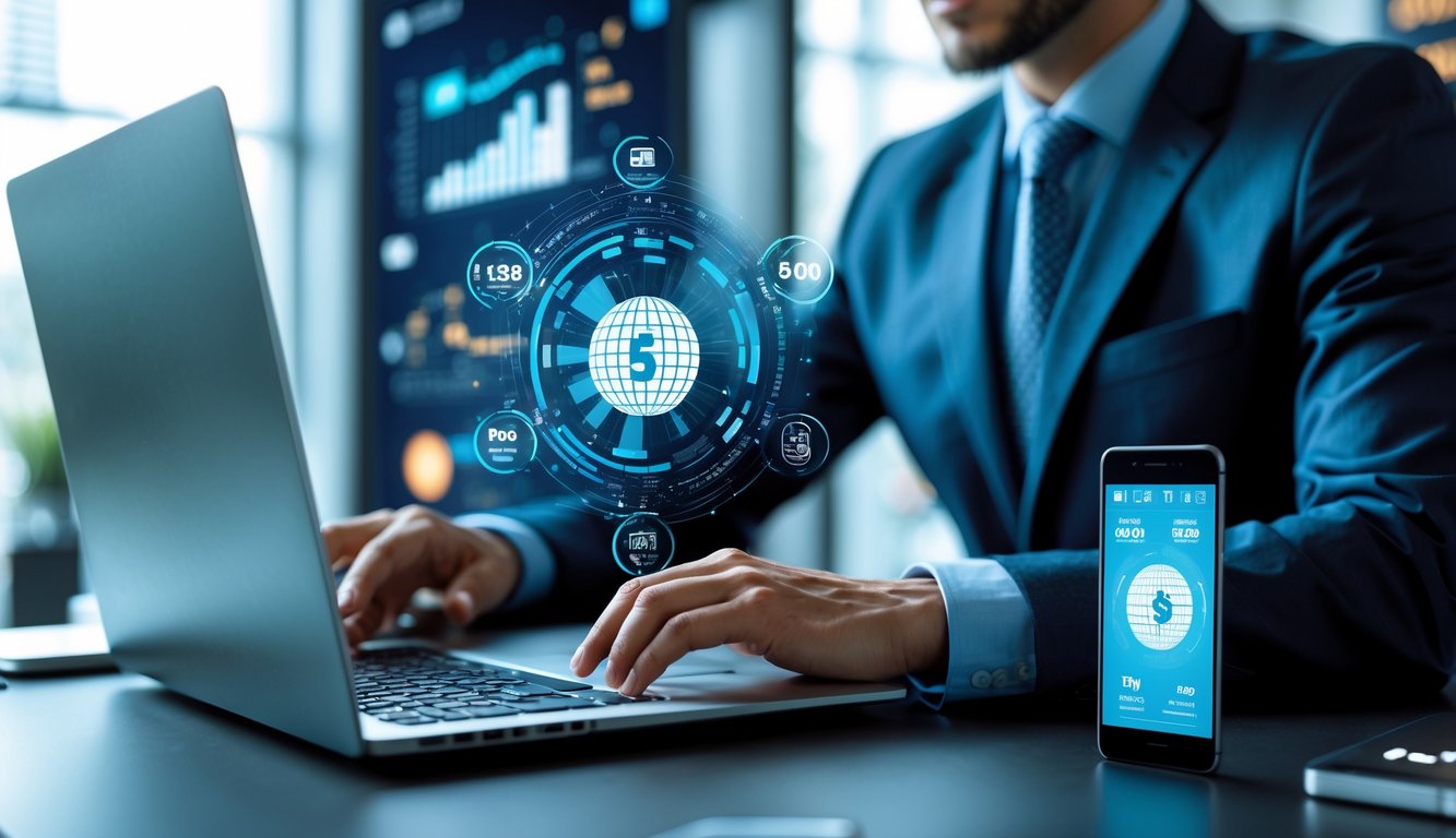 Seorang profesional di kantor modern menggunakan laptop dan ponsel dengan grafik digital yang menggambarkan peluang menang dalam lotere.