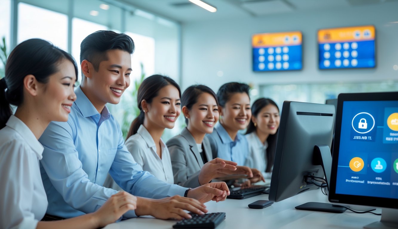 Seorang petugas layanan pelanggan sedang membantu beberapa pelanggan di kantor lotere dengan suasana yang ramah dan profesional.