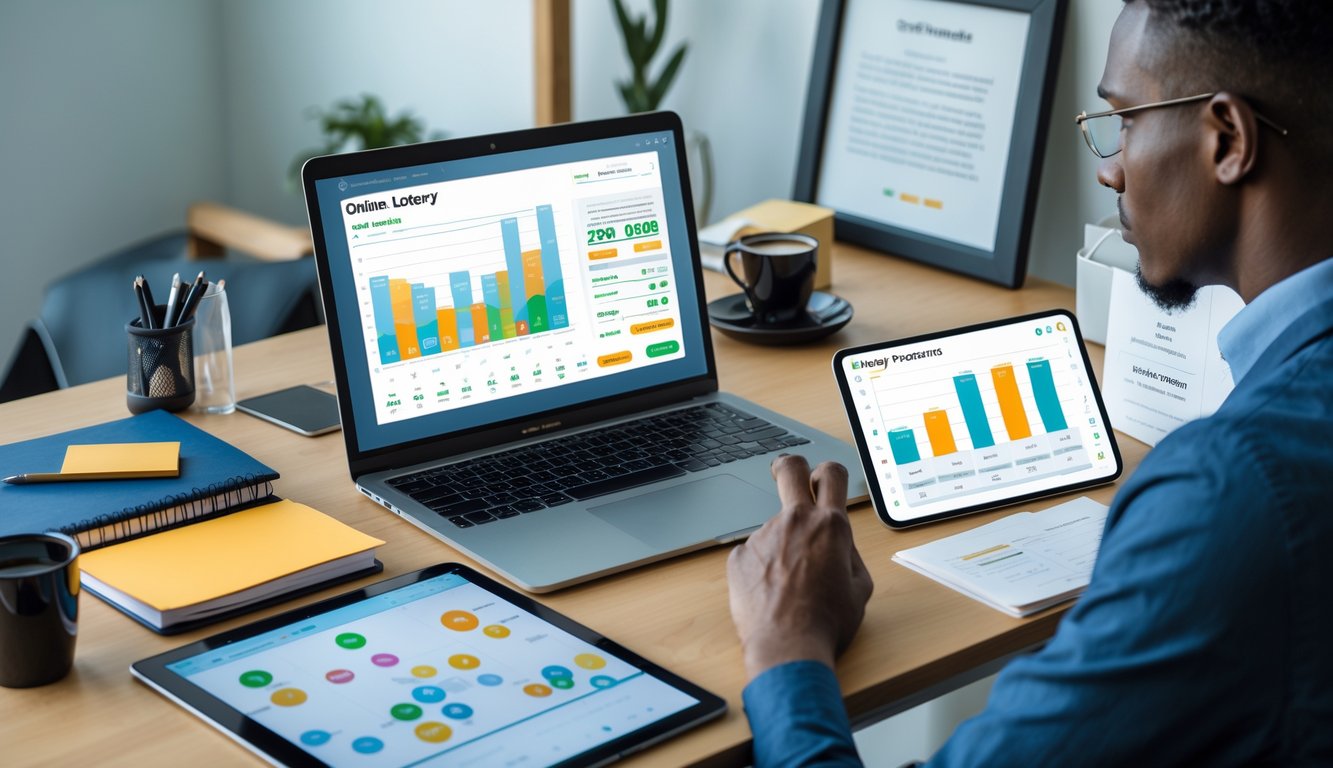 Seorang profesional sedang menganalisis data togel di meja kerja dengan laptop dan tablet di ruangan yang terang dan rapi.