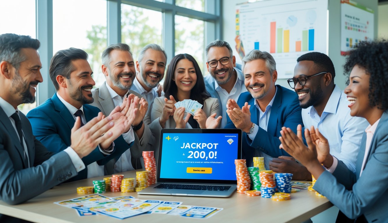 Sekelompok orang dewasa yang bahagia merayakan kemenangan di sekitar meja dengan tiket lotre dan laptop di ruangan kantor yang terang.