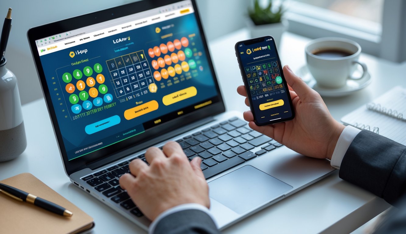 Meja kerja dengan laptop dan ponsel yang menampilkan aplikasi togel online, tangan seseorang sedang menggunakan perangkat tersebut.
