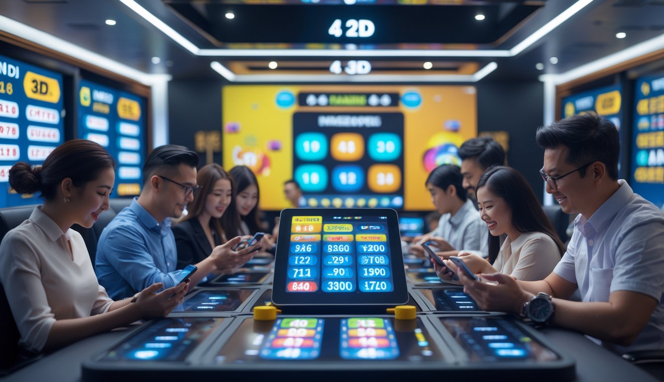 Orang-orang sedang bermain permainan togel 4D, 3D, dan 2D menggunakan perangkat digital di sebuah ruang permainan yang modern dan terang.