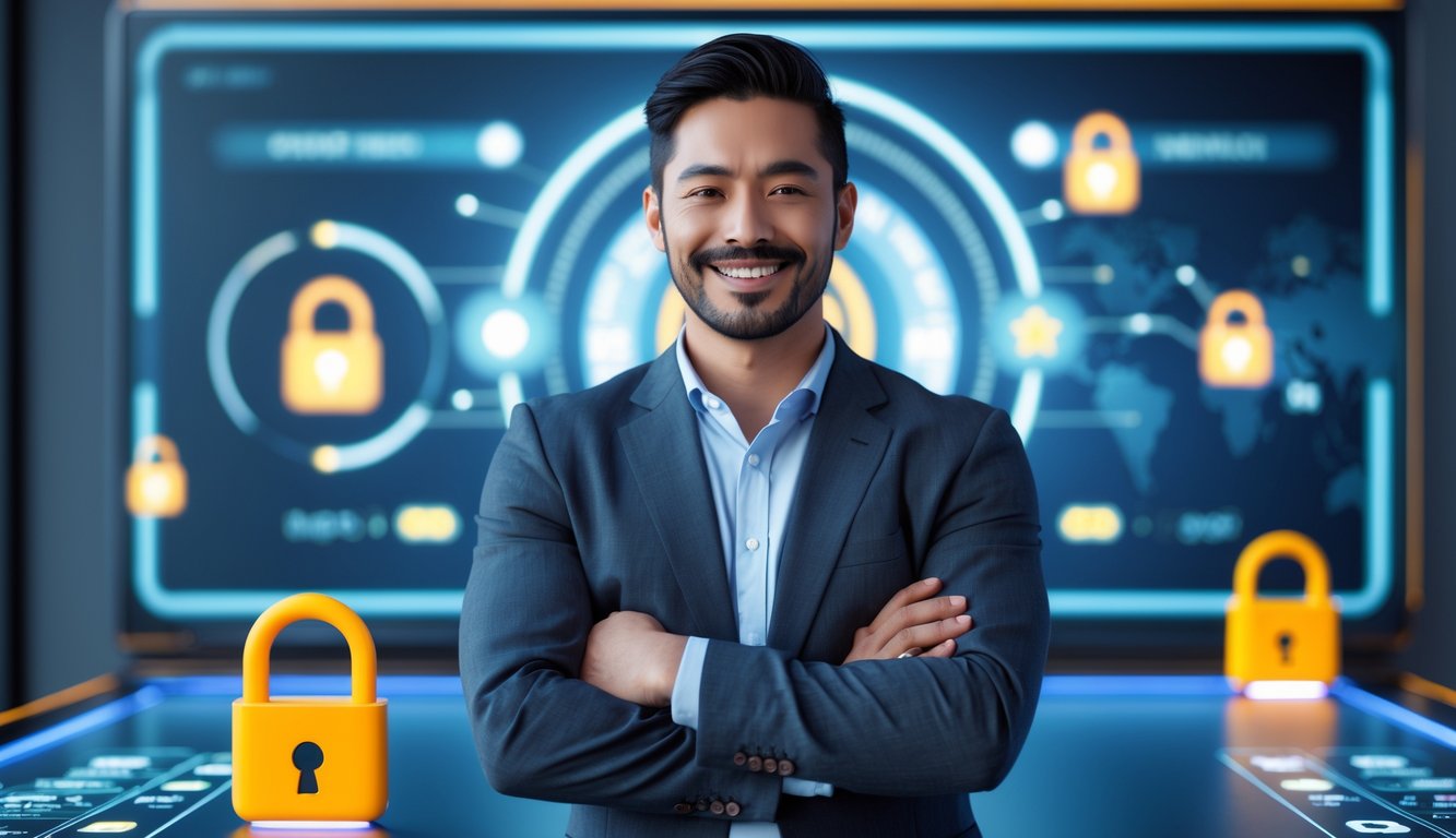 Seorang pria berdiri di depan layar digital dengan simbol keamanan, menunjukkan suasana aman dan percaya diri.