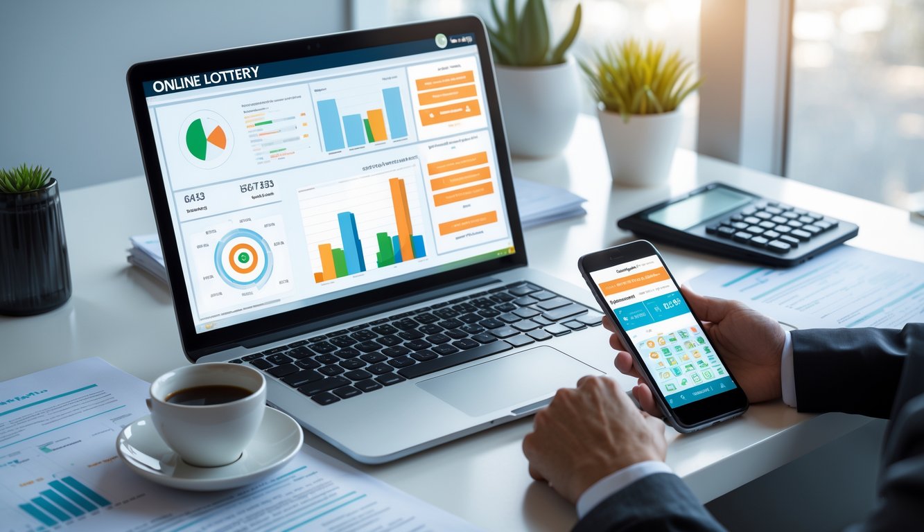 Meja kerja modern dengan laptop, dokumen, dan ponsel yang menampilkan data prediksi togel, di ruangan yang terang dan rapi.