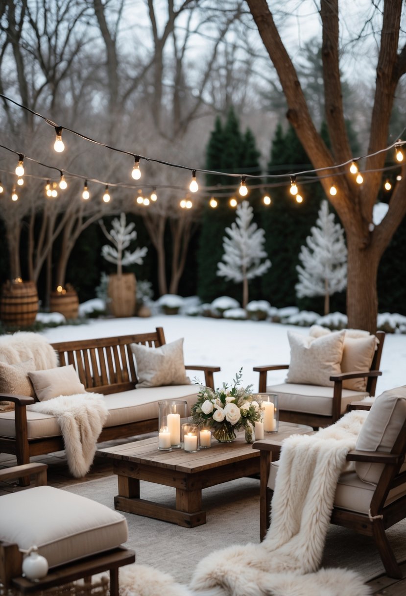 Outdoor lounge area with wooden seating covered in blankets and faux fur throws, surrounded by winter plants and soft lighting.