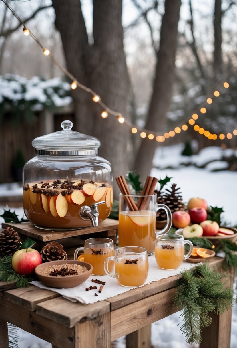 A rustic outdoor table with a glass dispenser of steaming spiced apple cider, mugs, cinnamon sticks, and winter decorations in a snowy backyard.