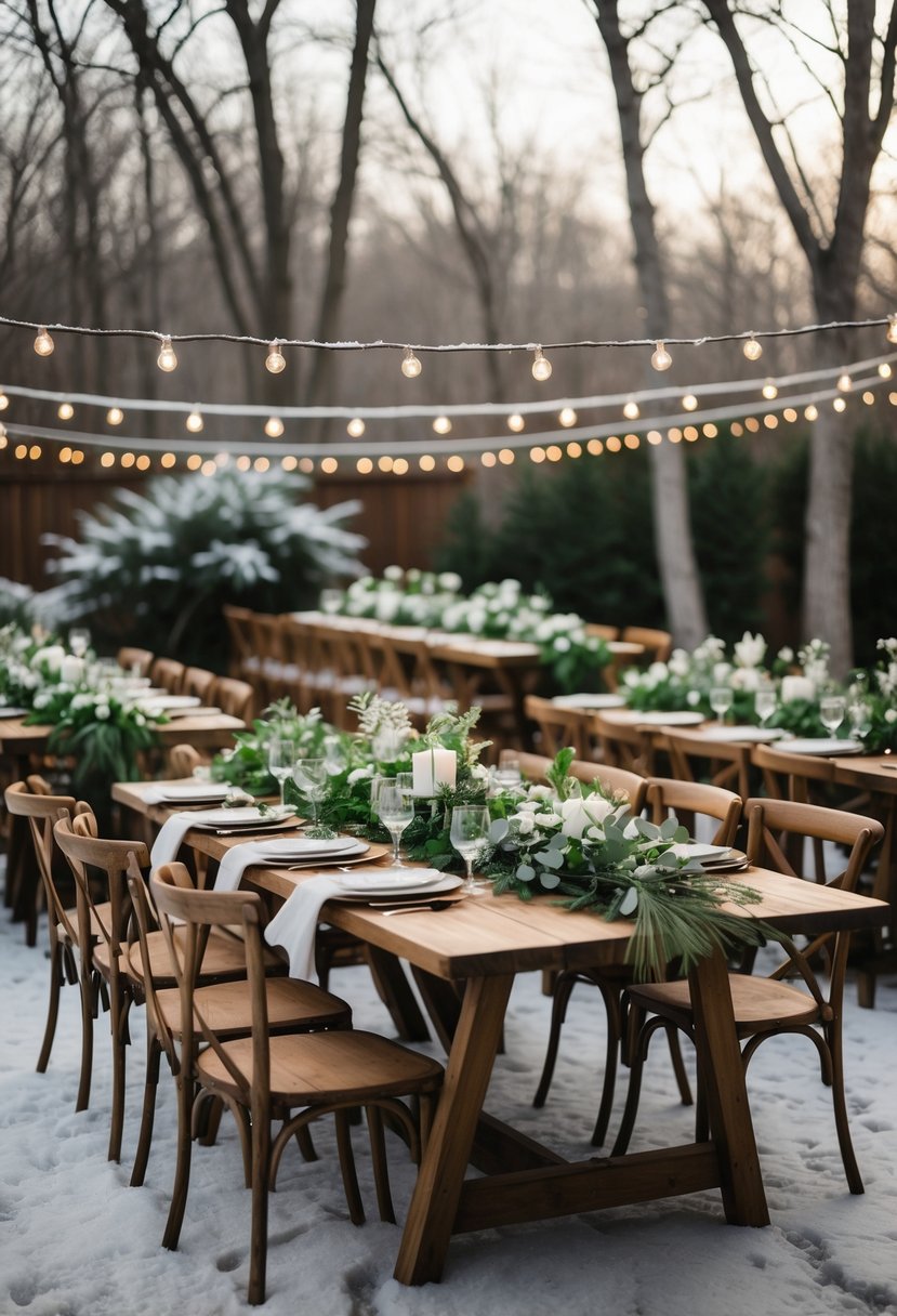 Wooden tables arranged outdoors in a backyard with fresh greenery garlands and rustic chairs, set for a winter wedding celebration.
