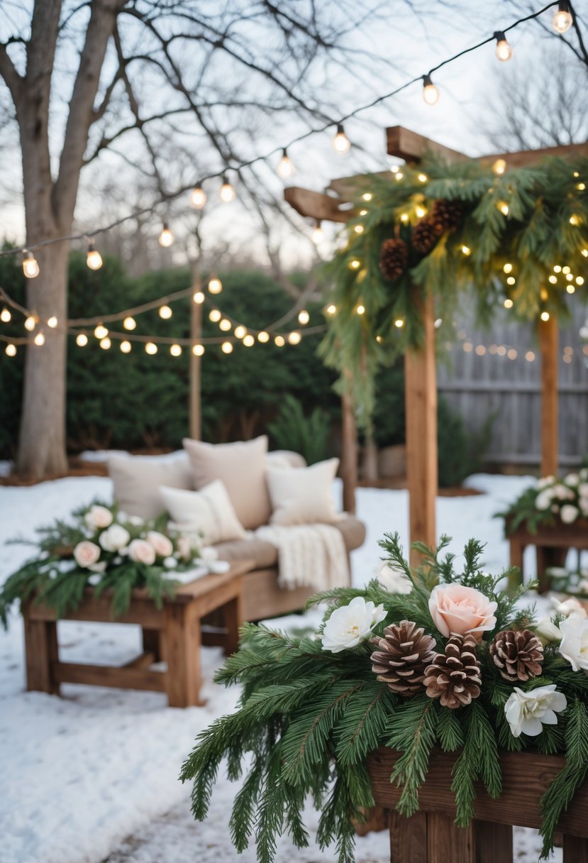 Backyard winter wedding setup decorated with pine boughs, pine cones, fairy lights, and floral arrangements on wooden tables surrounded by snow.