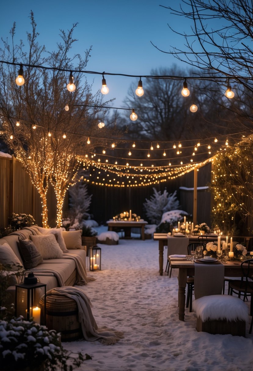 A backyard decorated with glowing string and fairy lights for a winter evening wedding, featuring cozy seating, wooden tables with flowers and candles, and light snow on the ground.