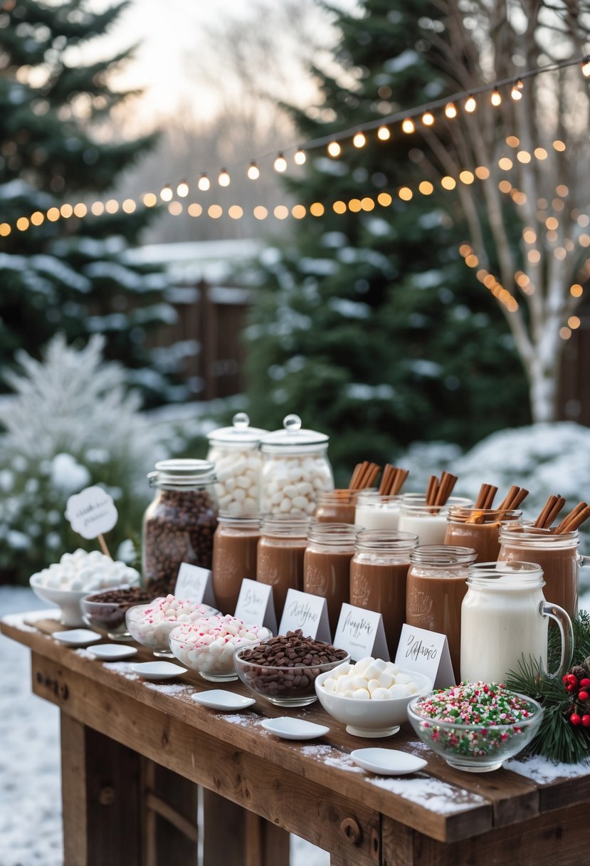 Outdoor winter backyard scene with a hot cocoa bar featuring various toppings like marshmallows, chocolate chips, and cinnamon sticks arranged on a wooden table surrounded by snow and evergreen trees.