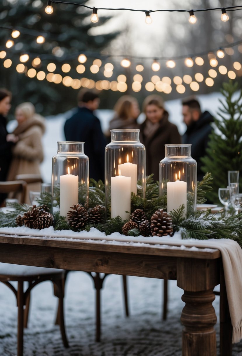 A backyard winter wedding table with white candles in glass hurricane lanterns surrounded by pinecones and evergreen branches, with snow on the ground and string lights overhead.