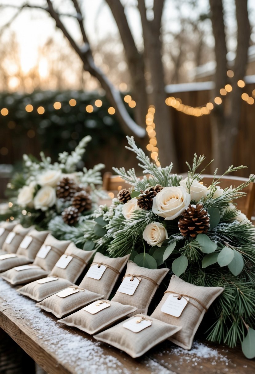 Outdoor backyard winter wedding table with personalized handwarmers as wedding favors, surrounded by floral decorations and soft lights.