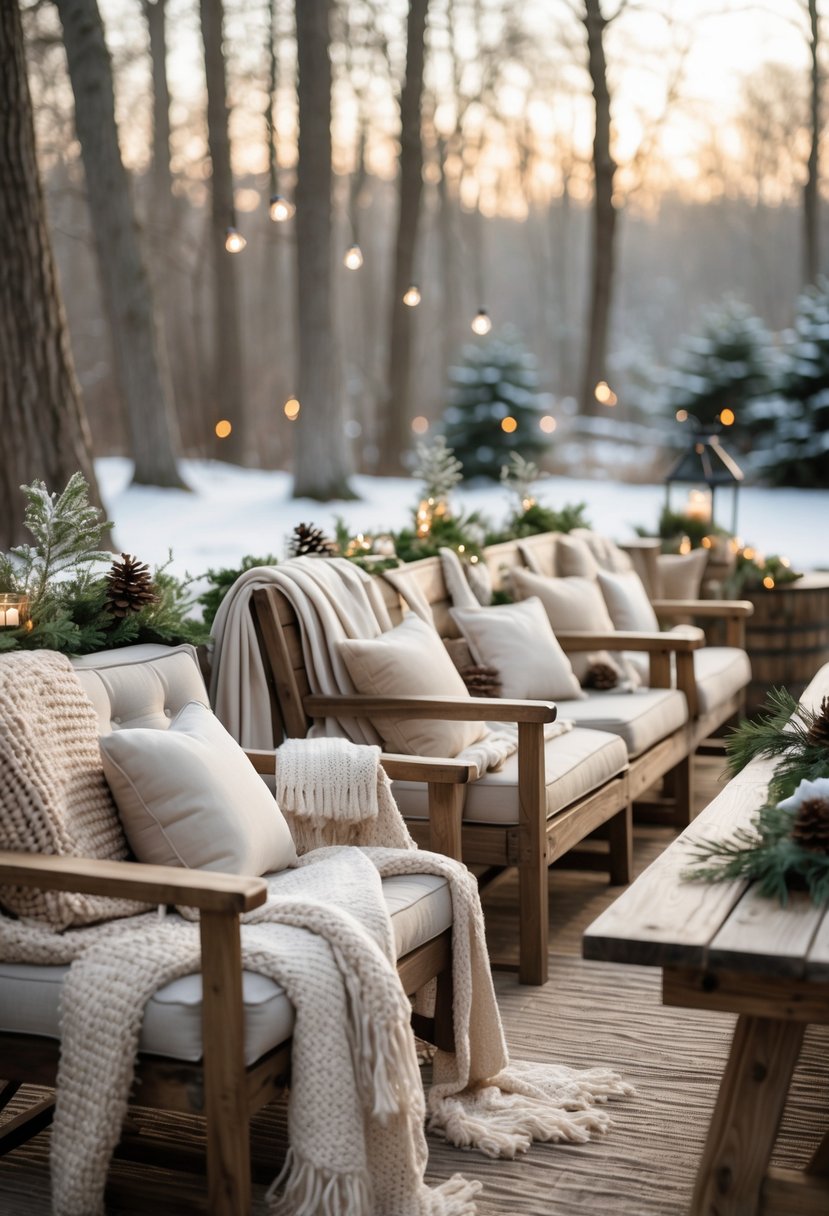 Outdoor backyard wedding seating area with chairs and benches covered in blankets and cushions surrounded by winter greenery and snow-dusted trees.