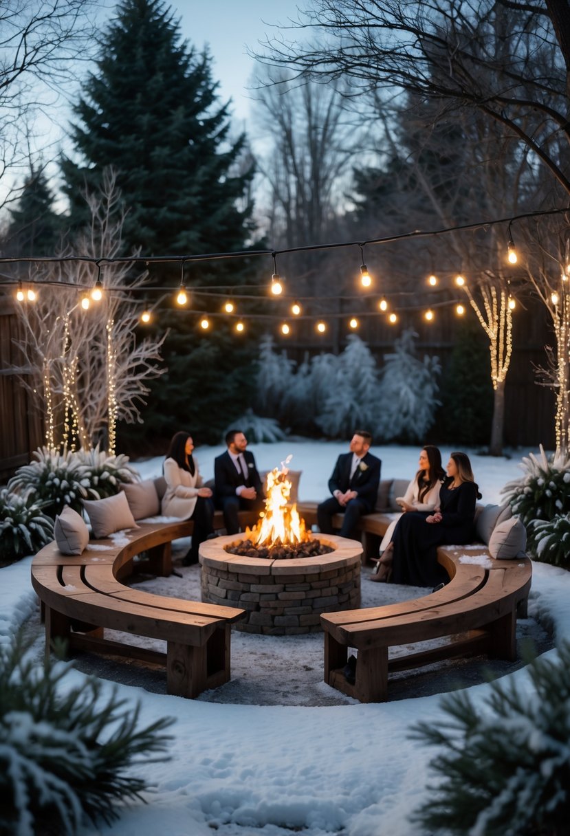 A backyard fire pit surrounded by wooden benches and cushions with guests gathered around on a snowy winter evening.