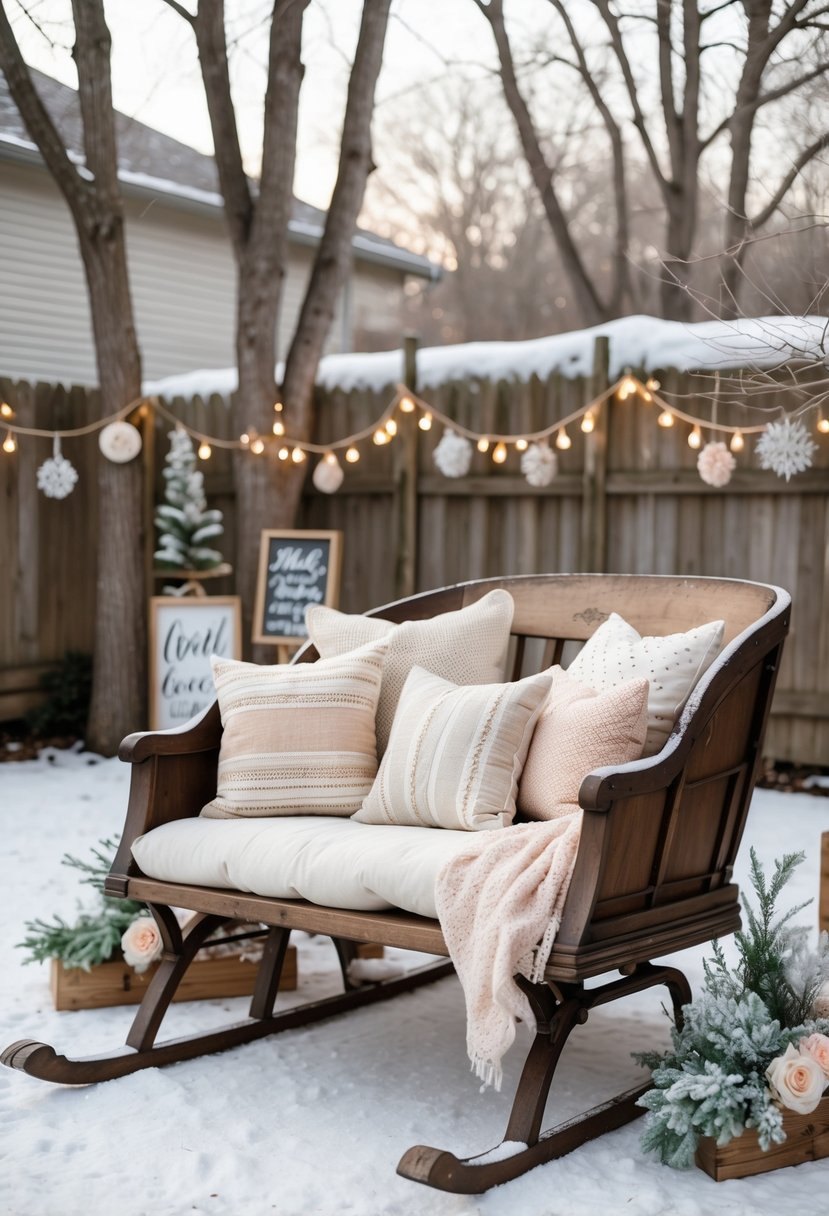 A vintage sleigh decorated with pillows in a snowy backyard set up as a winter wedding photo spot.