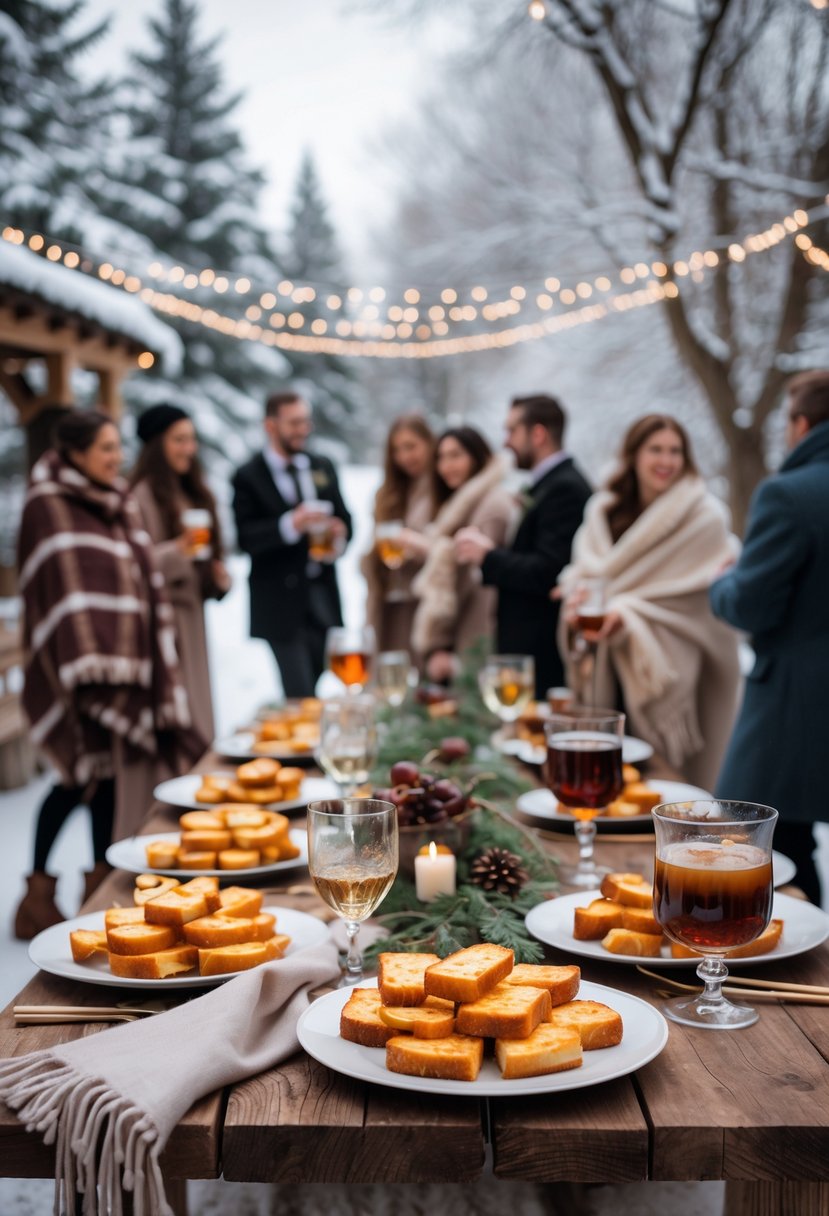 A backyard winter wedding with grilled cheese bites and drinks on a wooden table surrounded by snow and guests in winter clothing.