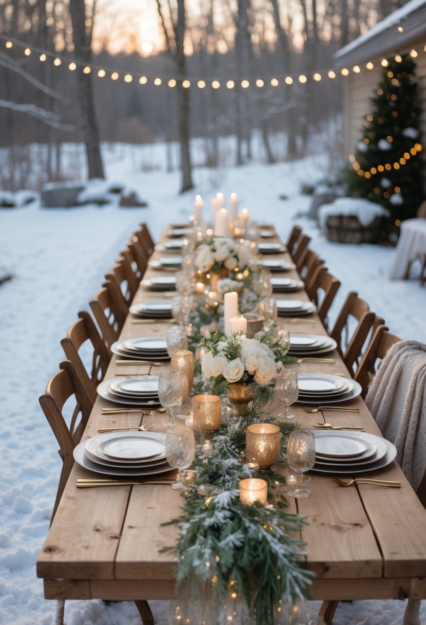 A backyard winter wedding setup with a wooden table decorated with gold and silver tableware, candles, flowers, and snowy trees in the background.