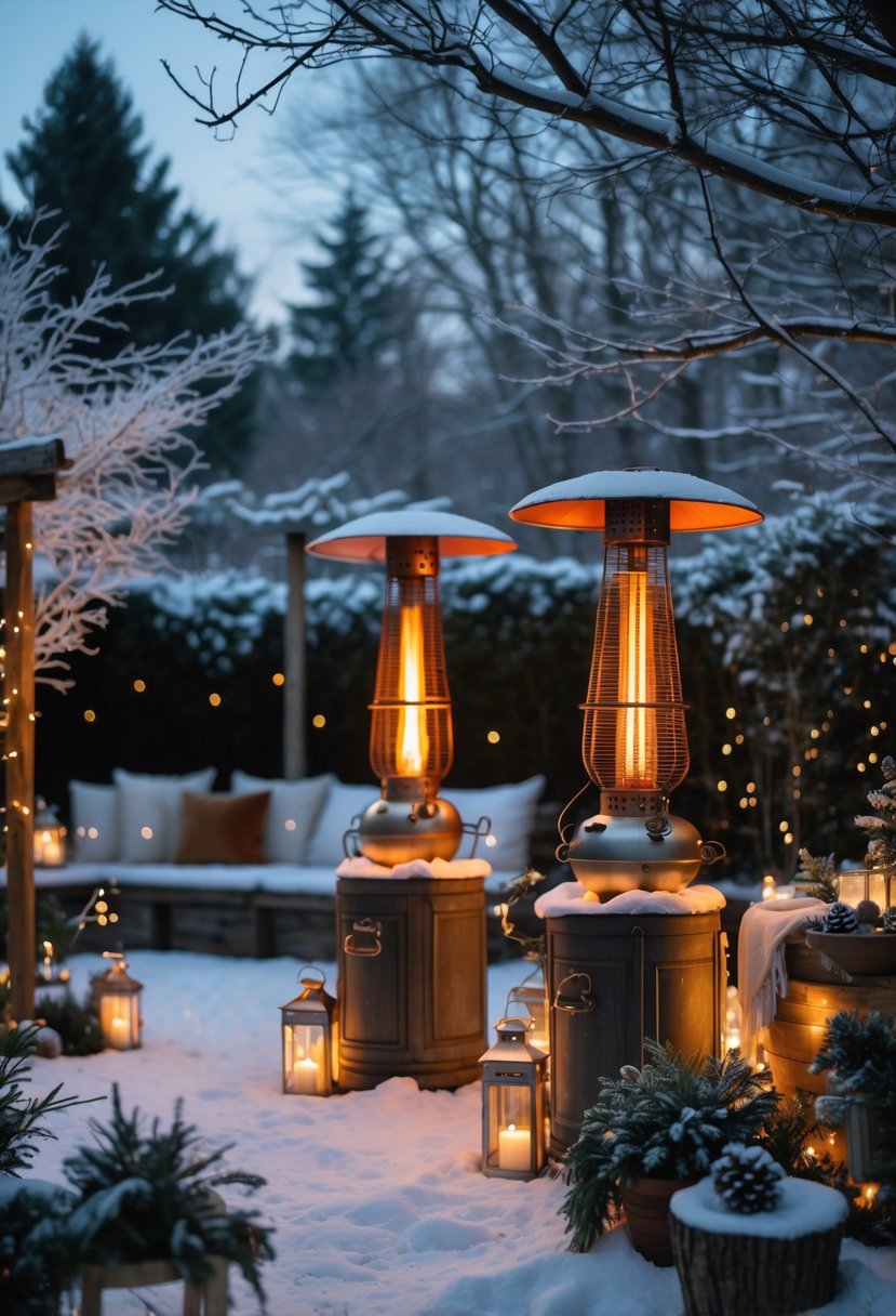 A backyard winter wedding scene with outdoor heaters disguised as lanterns and planters glowing warmly among snow-covered decorations and cozy seating.