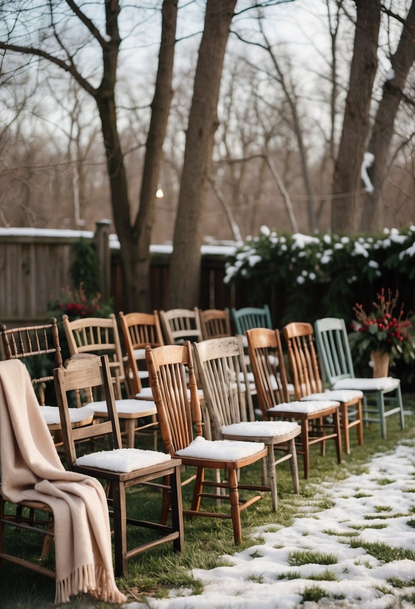 Outdoor backyard wedding seating with mismatched wooden chairs arranged on snow-covered ground surrounded by bare trees.