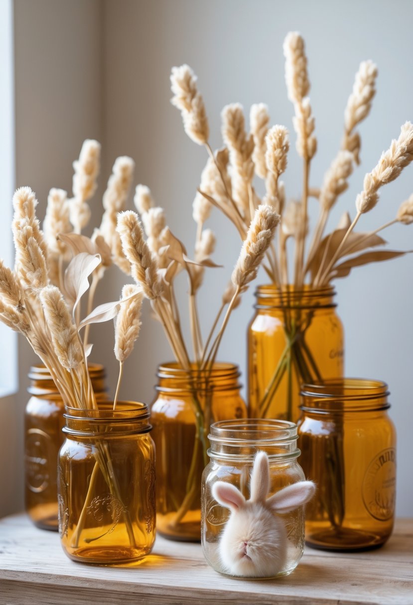 Amber Mason jars filled with strawflowers and bunny tails arranged on a wooden surface.