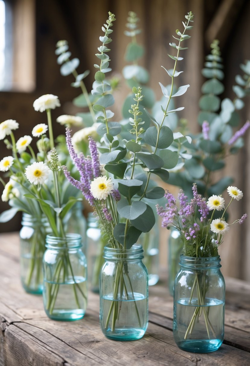 Several mason jars filled with eucalyptus stems and wildflowers arranged on a wooden surface.