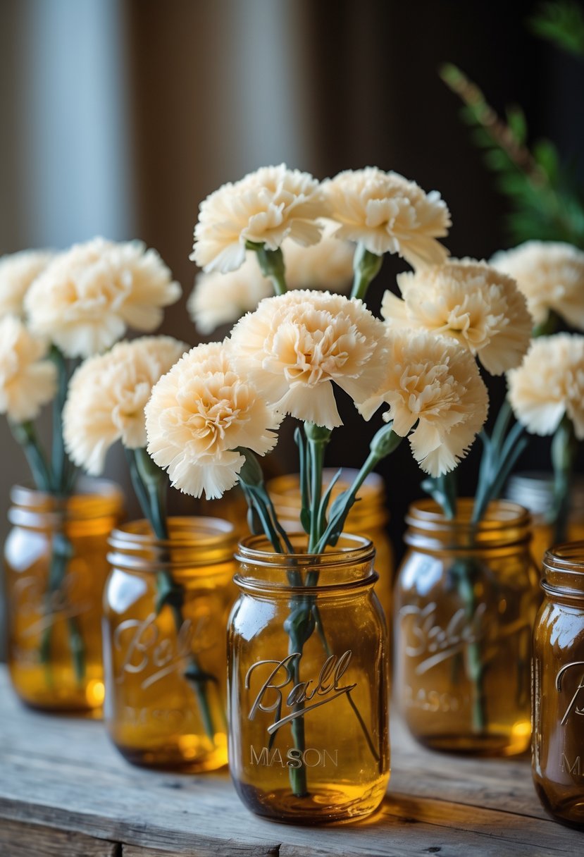 Cream-colored carnations arranged in rustic amber mason jars on a wooden surface.