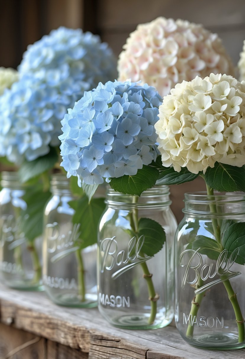 Several clear mason jars filled with fresh hydrangea flowers in pastel colors arranged on a wooden surface.