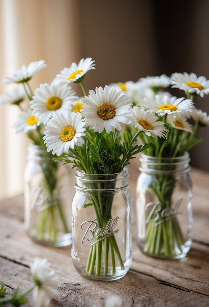 Several small Mason jars filled with simple white daisy bouquets placed on a wooden surface.