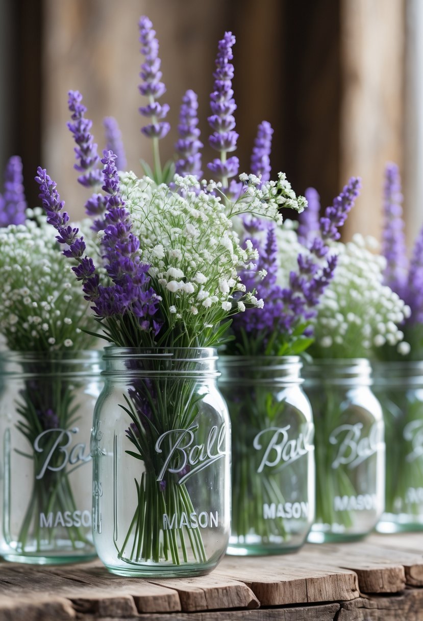 Several clear mason jars filled with lavender sprigs and white baby's breath flowers arranged on a wooden surface.