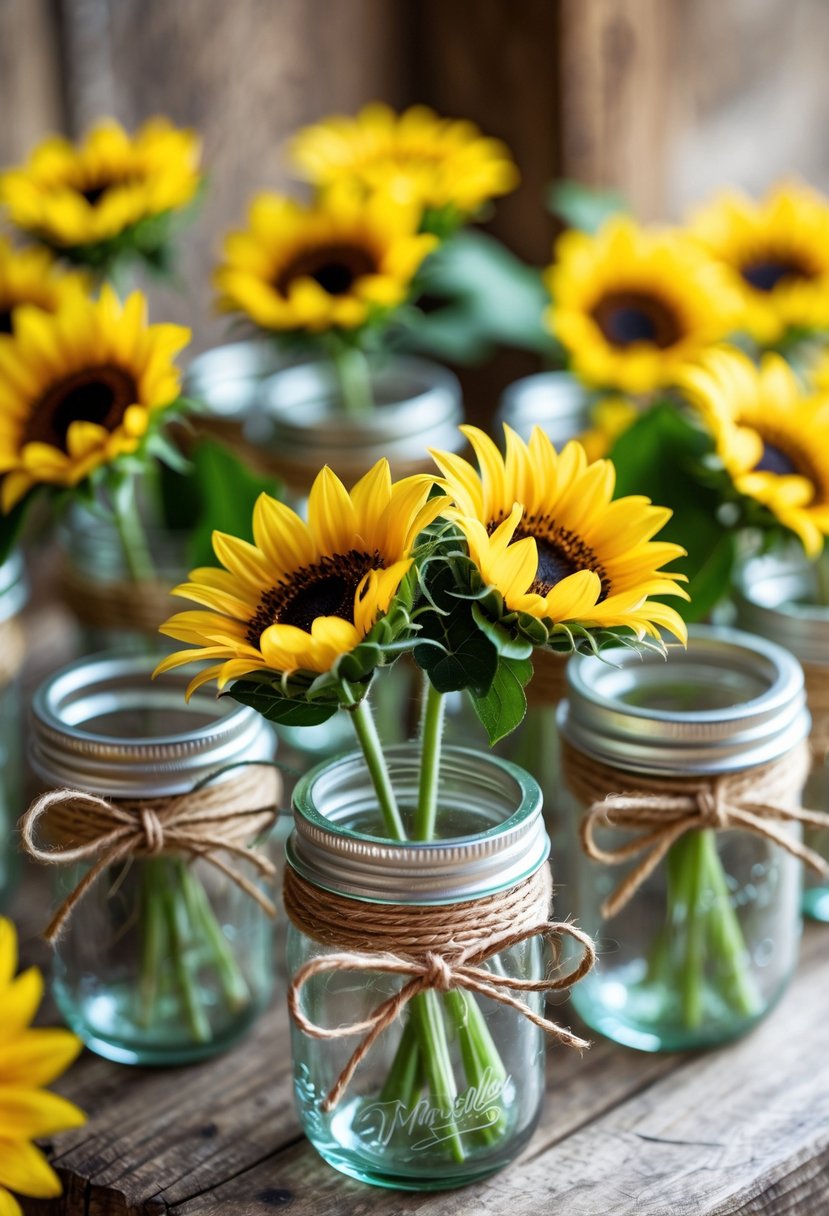 Several Mason jars decorated with twine holding bright yellow sunflower posies on a wooden surface.