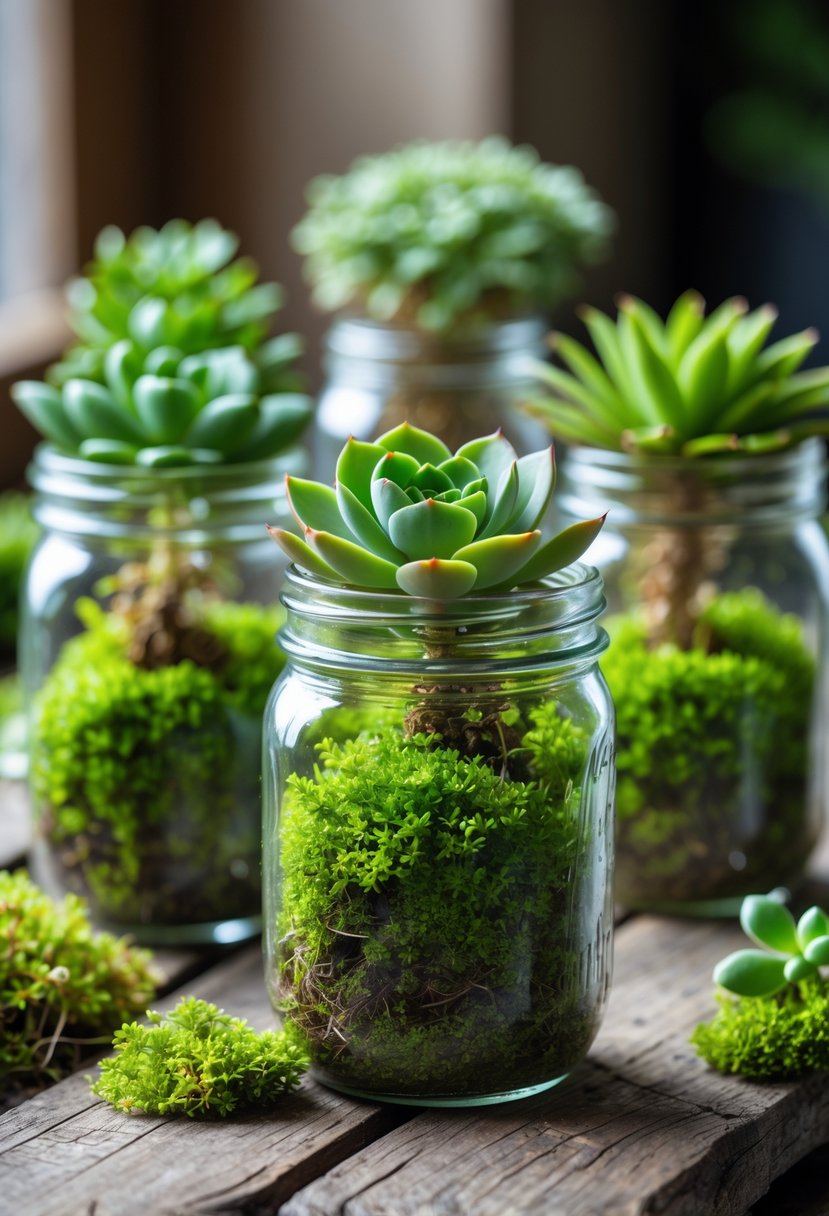 Several succulent plants growing in moss-filled wide-mouth mason jars arranged on a wooden surface.