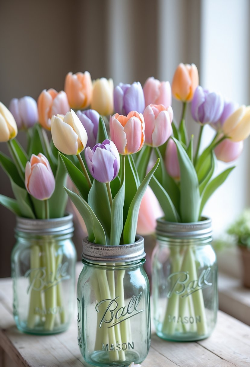 A collection of pastel-colored tulips arranged in vintage Mason jars on a wooden surface.