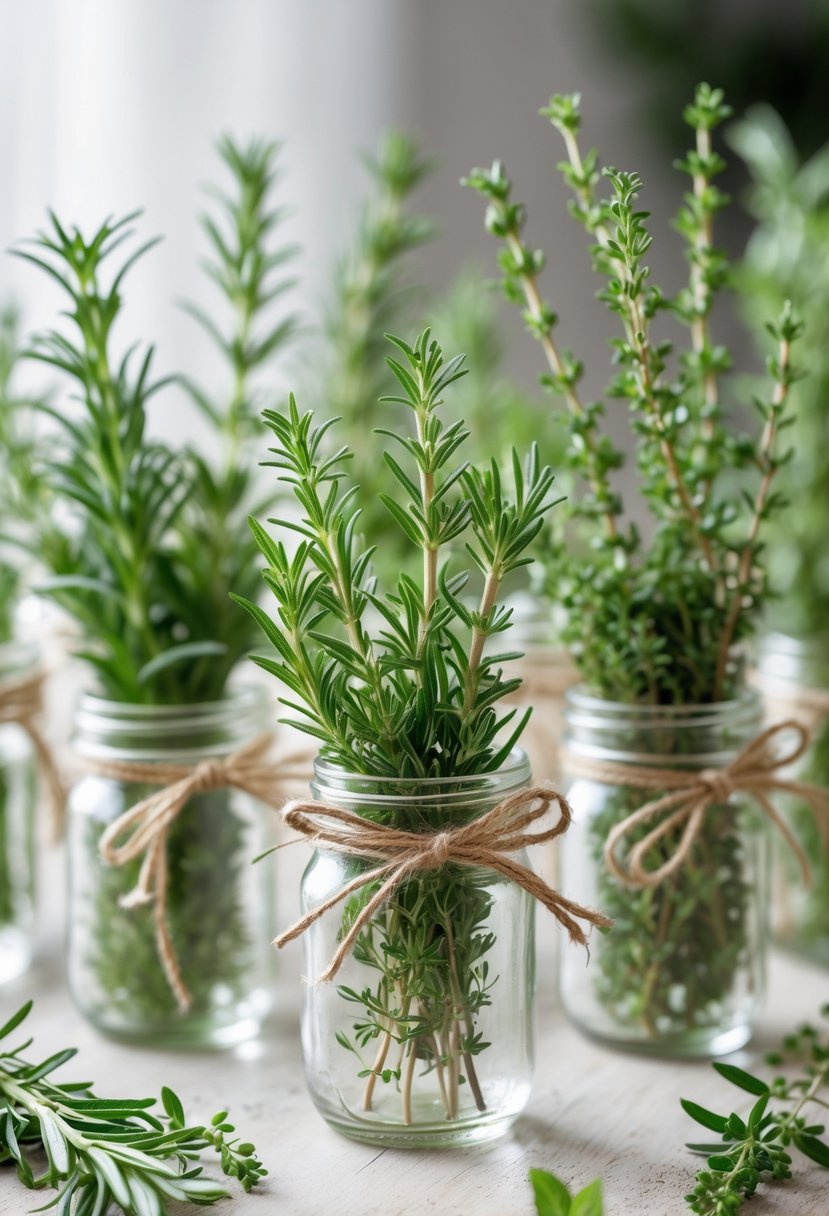 Small mason jars filled with fresh rosemary and thyme herb stems arranged on a wooden surface.