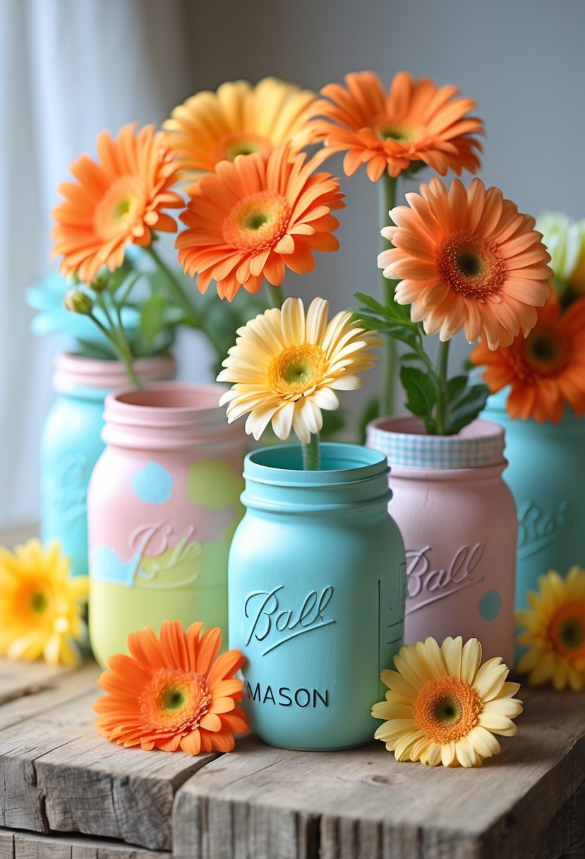 Bright orange and yellow gerbera daisies arranged in painted Mason jars on a wooden surface.