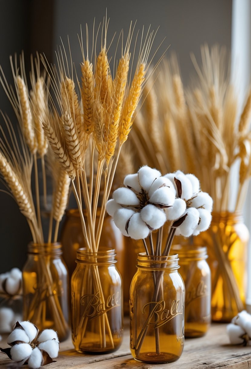 Several amber mason jars filled with dried wheat and cotton stems arranged on a wooden surface.
