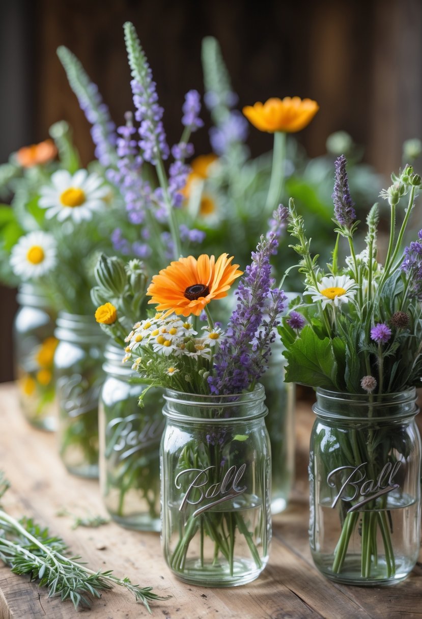 Clear Mason jars filled with seasonal wildflowers and greenery arranged on a wooden surface.