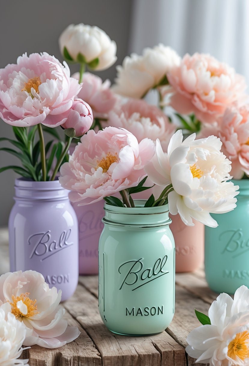 Several pastel-colored Mason jars filled with blooming peony flowers arranged on a wooden surface.