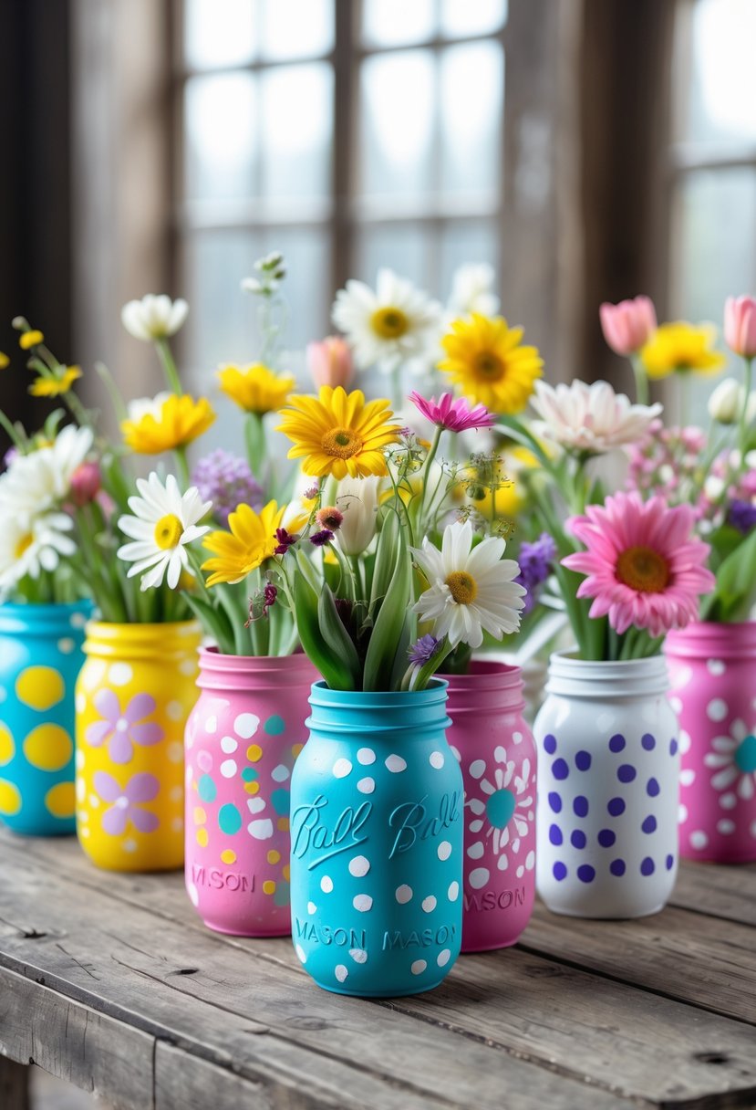 A collection of painted mason jars filled with colorful fresh flowers arranged on a wooden table.