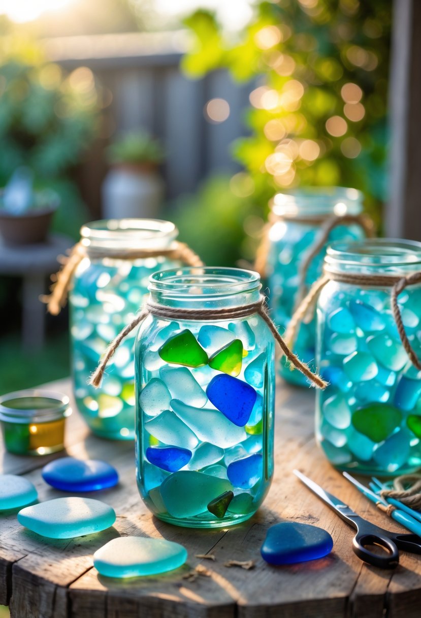 Several mason jars filled with colorful sea glass pieces glowing on a wooden table outdoors with crafting materials nearby.