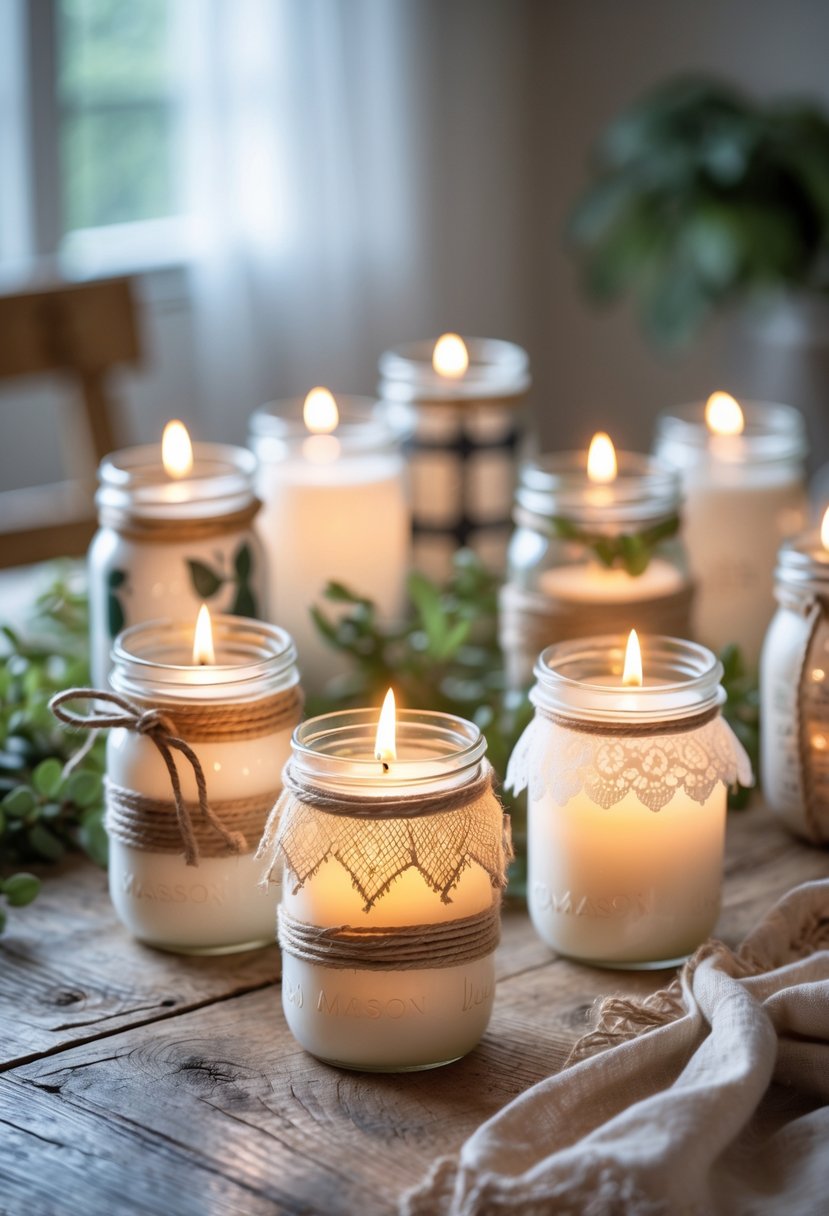 A group of decorated mason jars holding lit candles arranged on a wooden surface with soft natural light.