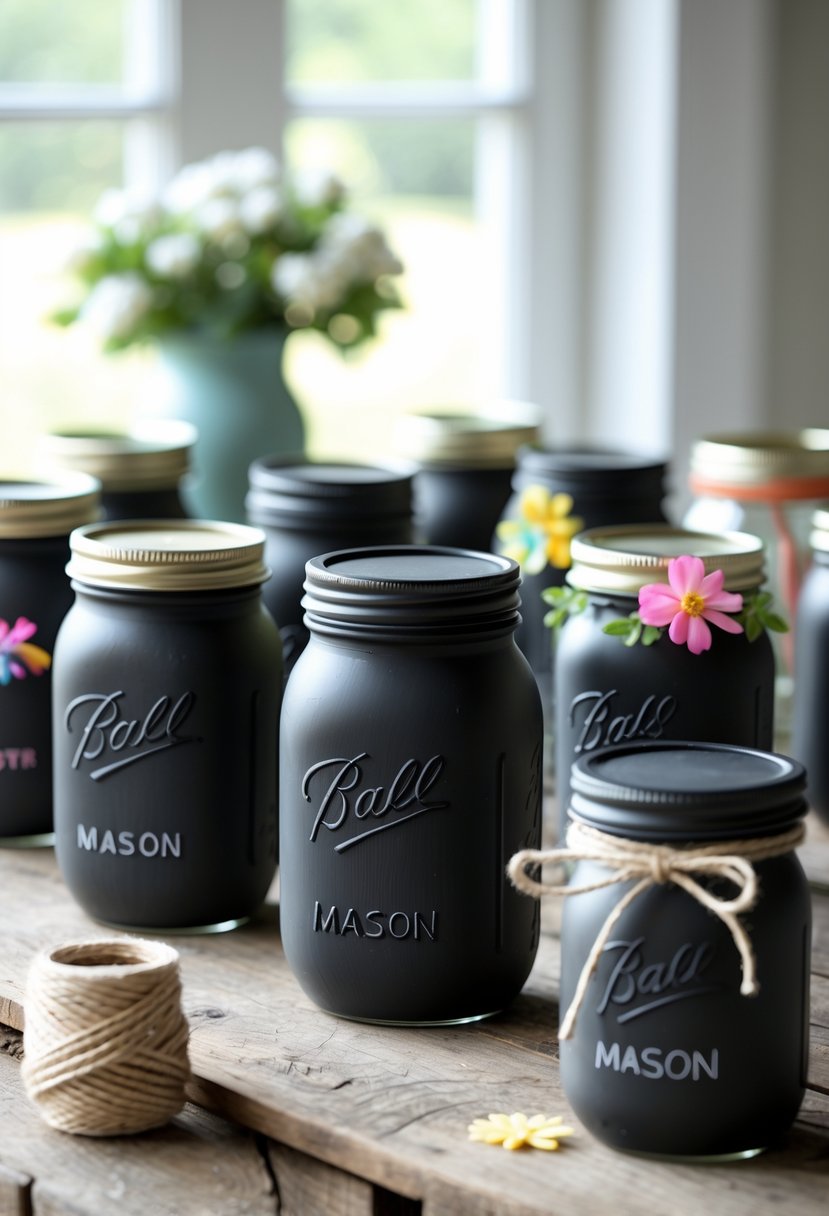 A group of mason jars painted with chalkboard paint, decorated with ribbons and flowers, arranged on a wooden table.