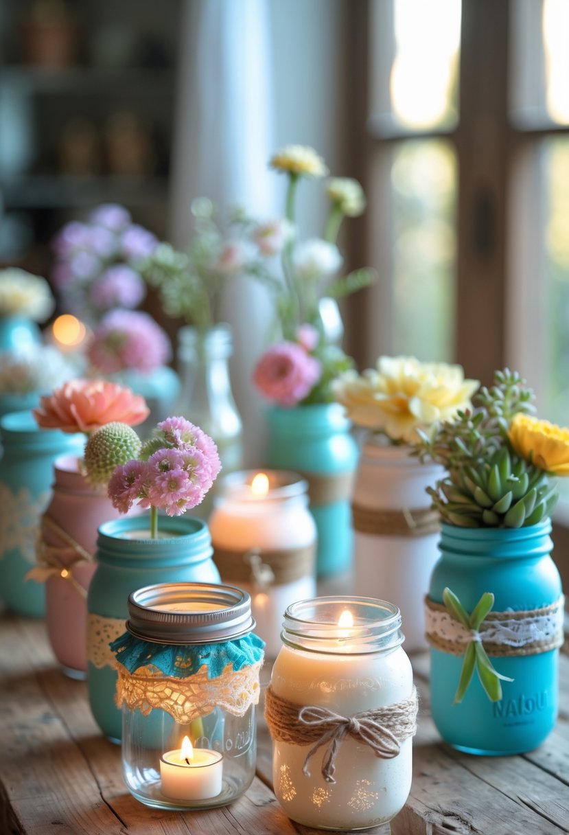 A collection of 13 decorated mason jars displayed on a wooden table, each with different craft designs including flowers, candles, and ribbons.