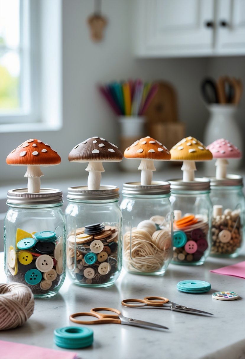 A row of mason jars with mushroom-shaped lids on a kitchen countertop, filled with craft supplies and surrounded by crafting tools.
